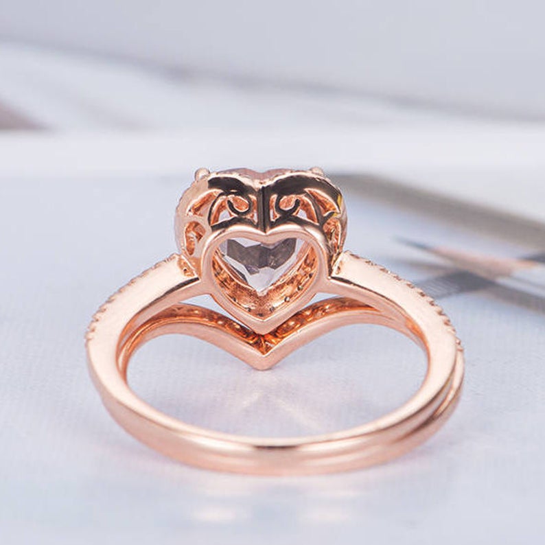 1 CT Heart Cut Morganite Diamond Rose Gold Over On 925 Sterling Silver Halo Wedding Ring
