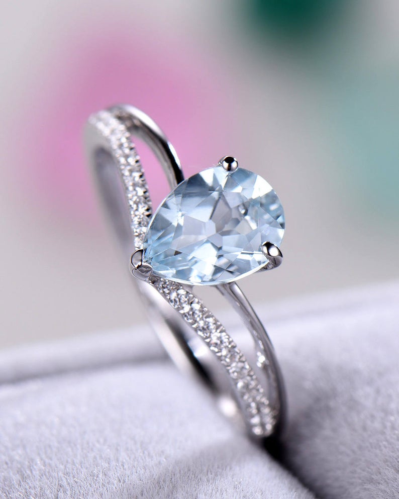1.25 Ct Pear Cut Aquamarine Split Shank Solitaire Anniversary Gift Ring In 925 Sterling Silver