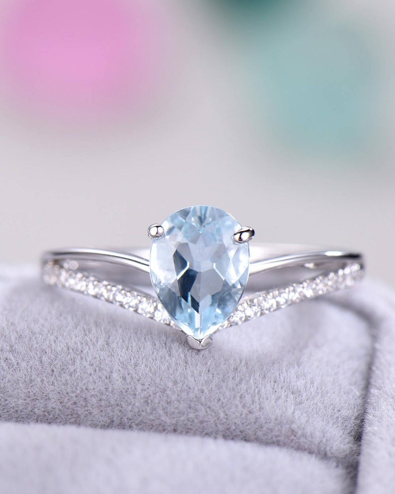 1.25 Ct Pear Cut Aquamarine Split Shank Solitaire Anniversary Gift Ring In 925 Sterling Silver