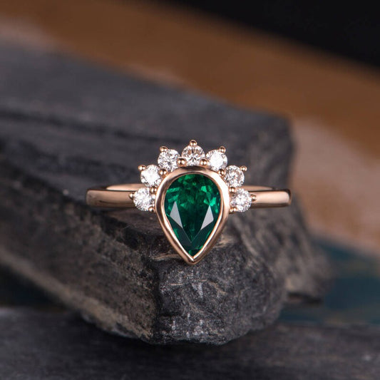 1.75 Ct Pear Cut Green Emerald Bezel Set May Birthstone Promise Ring in 925 Sterling Silver