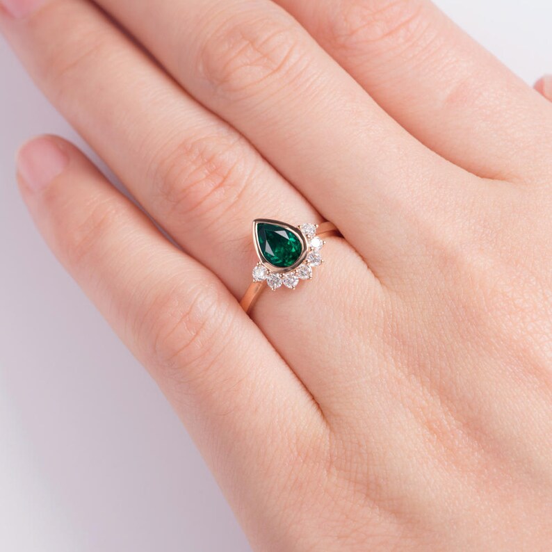 1.75 Ct Pear Cut Green Emerald Bezel Set May Birthstone Promise Ring in 925 Sterling Silver