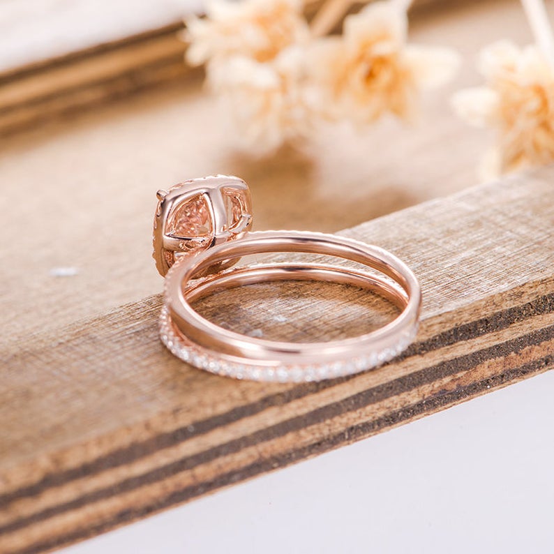1 CT Cushion Cut Morganite Diamond 925 Sterling Silver Anniversary Bridal Ring Set