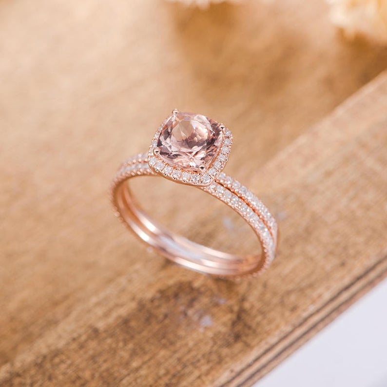 1 CT Cushion Cut Morganite Diamond 925 Sterling Silver Anniversary Bridal Ring Set