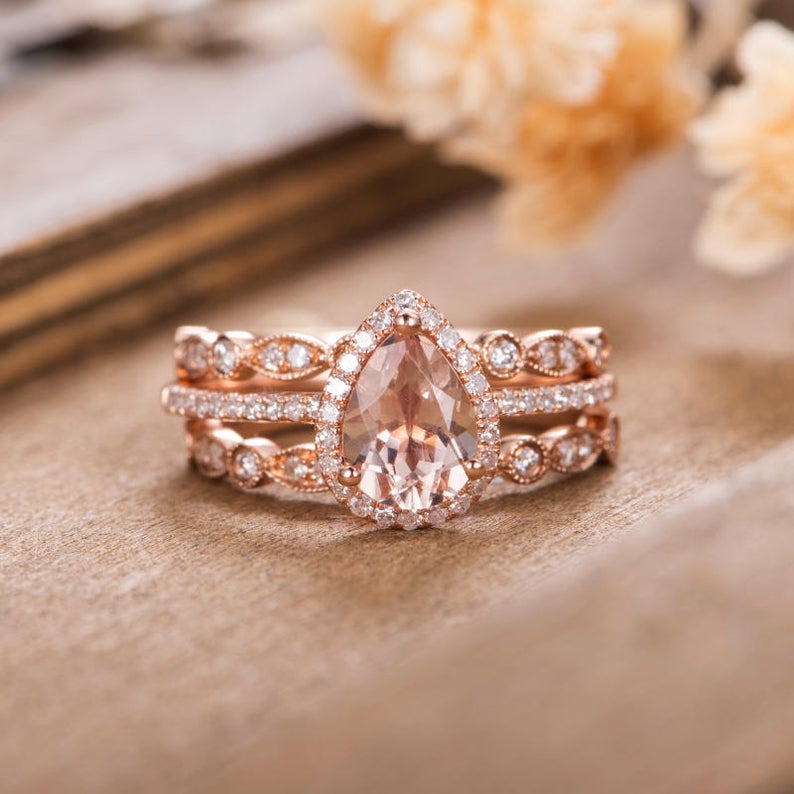 2 CT Pear Cut Morganite Diamond 925 Sterling Silver Halo Women Anniversary Gift Trio Ring Set