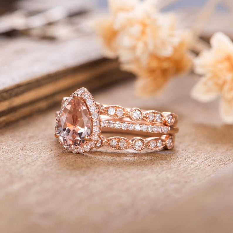 2 CT Pear Cut Morganite Diamond 925 Sterling Silver Halo Women Anniversary Gift Trio Ring Set