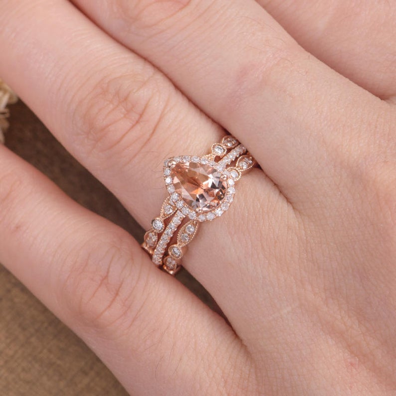 2 CT Pear Cut Morganite Diamond 925 Sterling Silver Halo Women Anniversary Gift Trio Ring Set