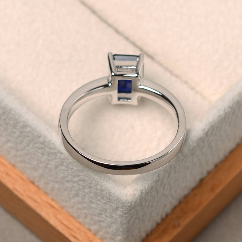 1.00 Ct Emerald Cut Blue Sapphire Solitaire September Birthstone Ring In 925 Sterling Silver