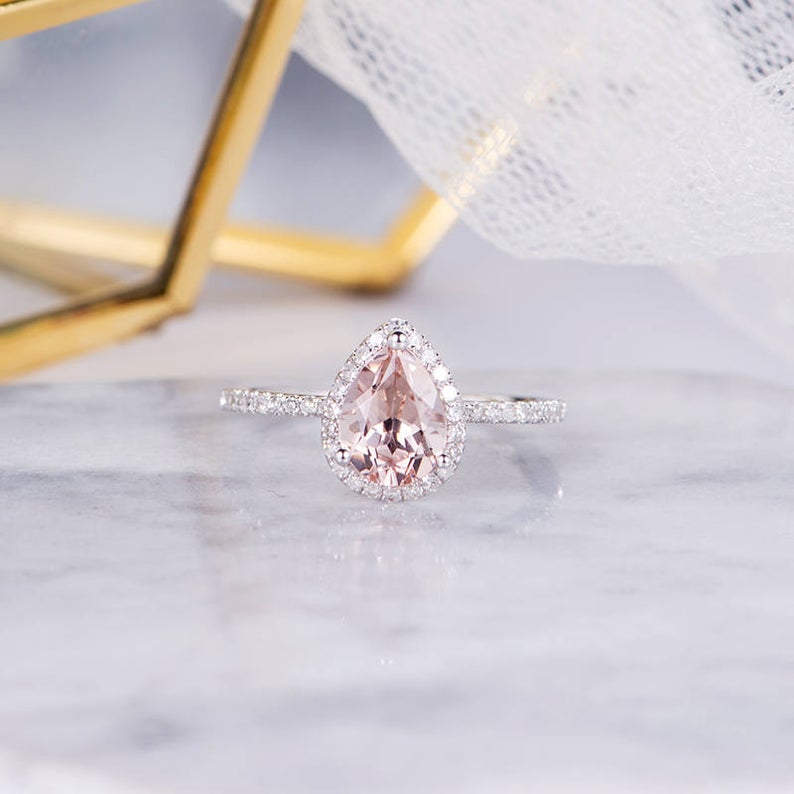 1 CT Pear Cut Morganite Diamond 925 Sterling Silver Halo Anniversary Ring Gift For Her