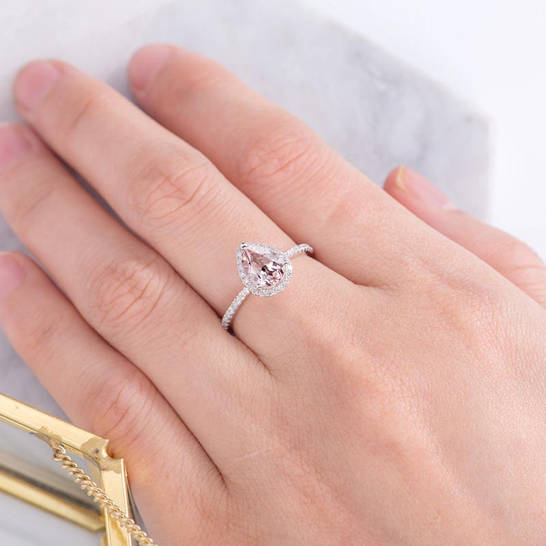 1 CT Pear Cut Morganite Diamond 925 Sterling Silver Halo Anniversary Ring Gift For Her