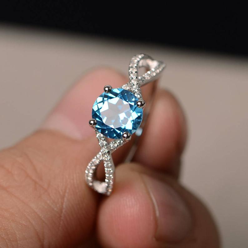 1.50 Ct Round Cut Blue Topaz & White CZ 925 Sterling Silver Infinity Promise Ring
