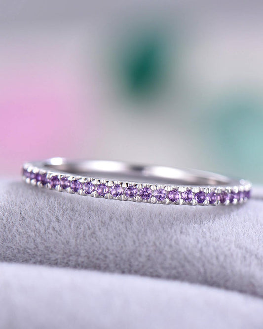 1 CT Round Cut Amethyst Diamond 925 Sterling Silver Half Eternity Wedding Band Ring