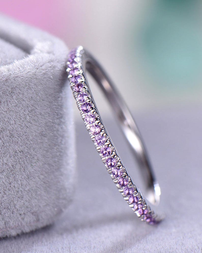 1 CT Round Cut Amethyst Diamond 925 Sterling Silver Half Eternity Wedding Band Ring