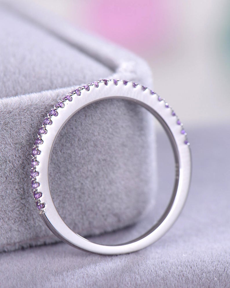 1 CT Round Cut Amethyst Diamond 925 Sterling Silver Half Eternity Wedding Band Ring