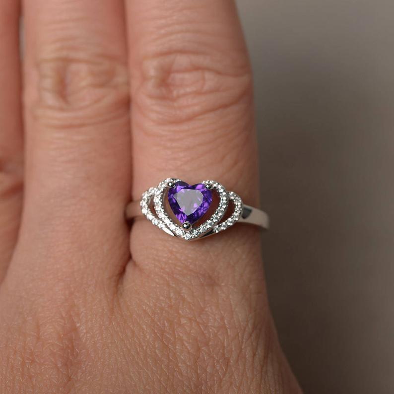 1.50 Ct Heart Cut Purple Amethyst Double Halo Proposal Ring In 925 Sterling Silver