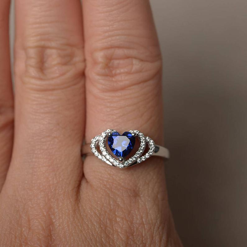 2.00 Ct Heart Cut Blue Sapphire Halo Engagement Ring In 925 Sterling Silver