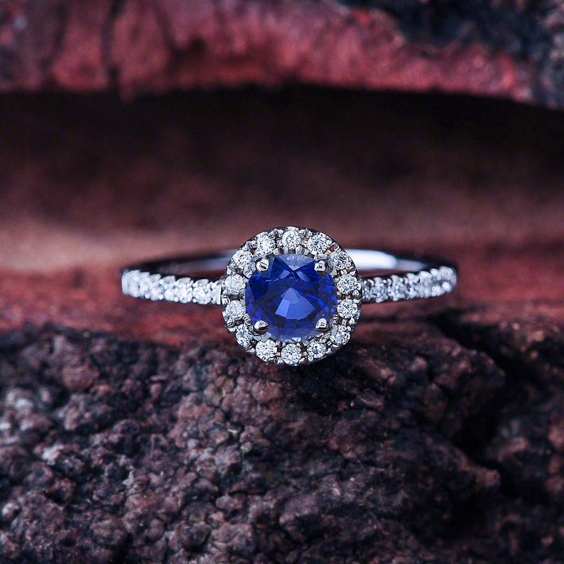 1 CT Round Cut Blue Sapphire Diamond 925 Sterling Silver  Halo Engagement Ring