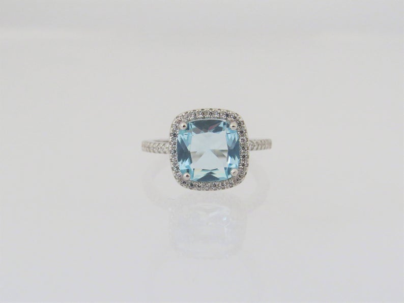 1 CT Cushion Cut Aquamarine Diamond White Gold Over On 925 Sterling Silver Halo Wedding Ring