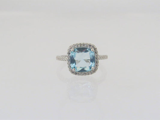 1 CT Cushion Cut Aquamarine Diamond White Gold Over On 925 Sterling Silver Halo Wedding Ring
