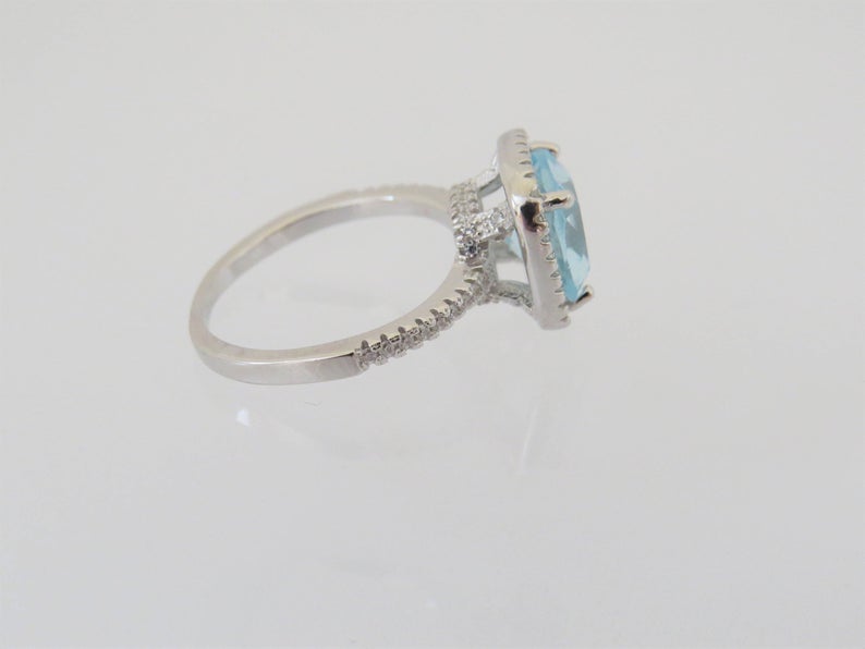 1 CT Cushion Cut Aquamarine Diamond White Gold Over On 925 Sterling Silver Halo Wedding Ring