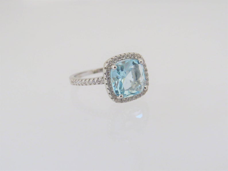 1 CT Cushion Cut Aquamarine Diamond White Gold Over On 925 Sterling Silver Halo Wedding Ring