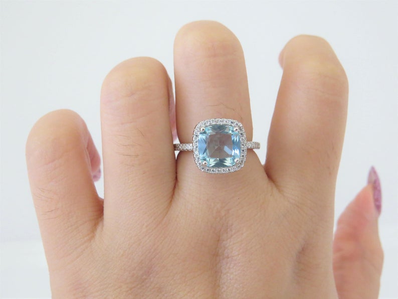 925 Sterling Silver 3 CT Aquamarine & White Topaz Diamond Halo Engagement Ring