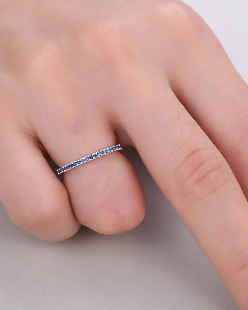 1.20 Round Cut Blue Sapphire Diamind White Gold Over On White Gold Over On 925 Sterling Silver Half Eternity Band Ring