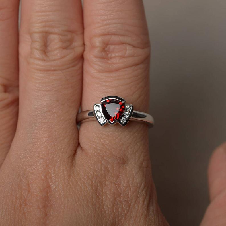 1.20 Ct Trillion Cut Red Garnet & Round Cz Unique Promise Ring In 925 Sterling Silver