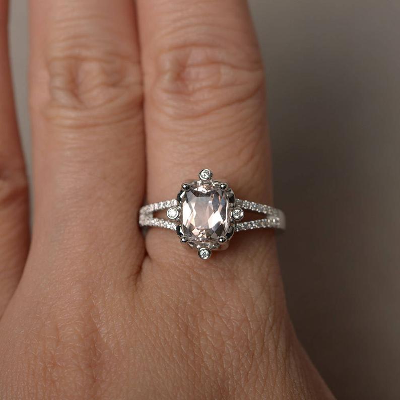 2.25 Ct Cushion Cut Morganite 925 Sterling Silver Solitaire W/Accents Wedding Ring