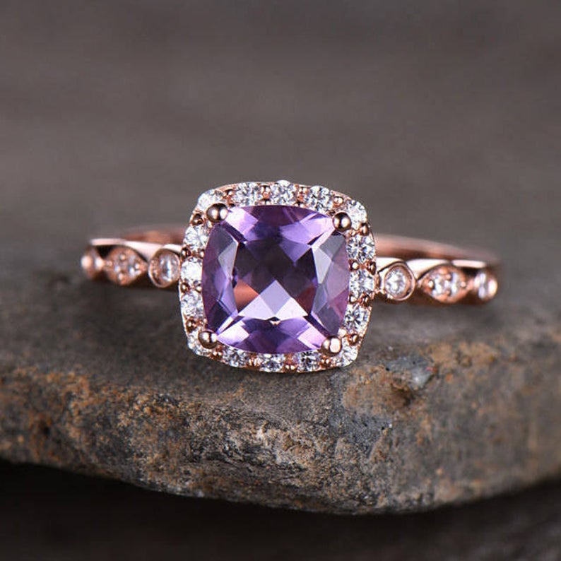 1.75 Ct Cushion Cut Purple Amethyst Rose Gold Over On 925 Sterling Silver Halo Promise Ring