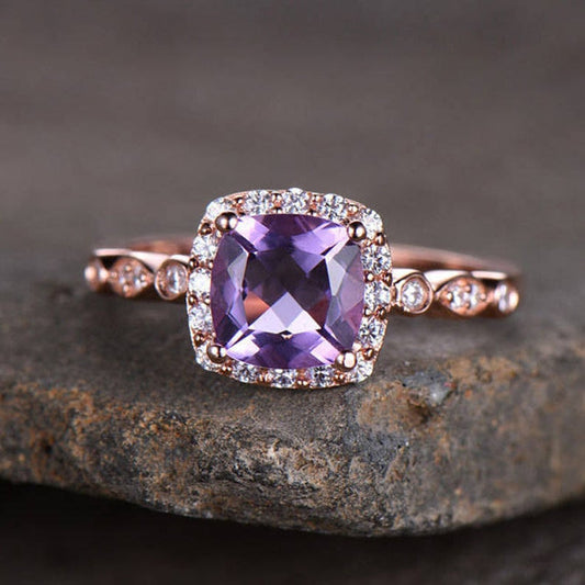 1.75 Ct Cushion Cut Purple Amethyst Rose Gold Over On 925 Sterling Silver Halo Promise Ring