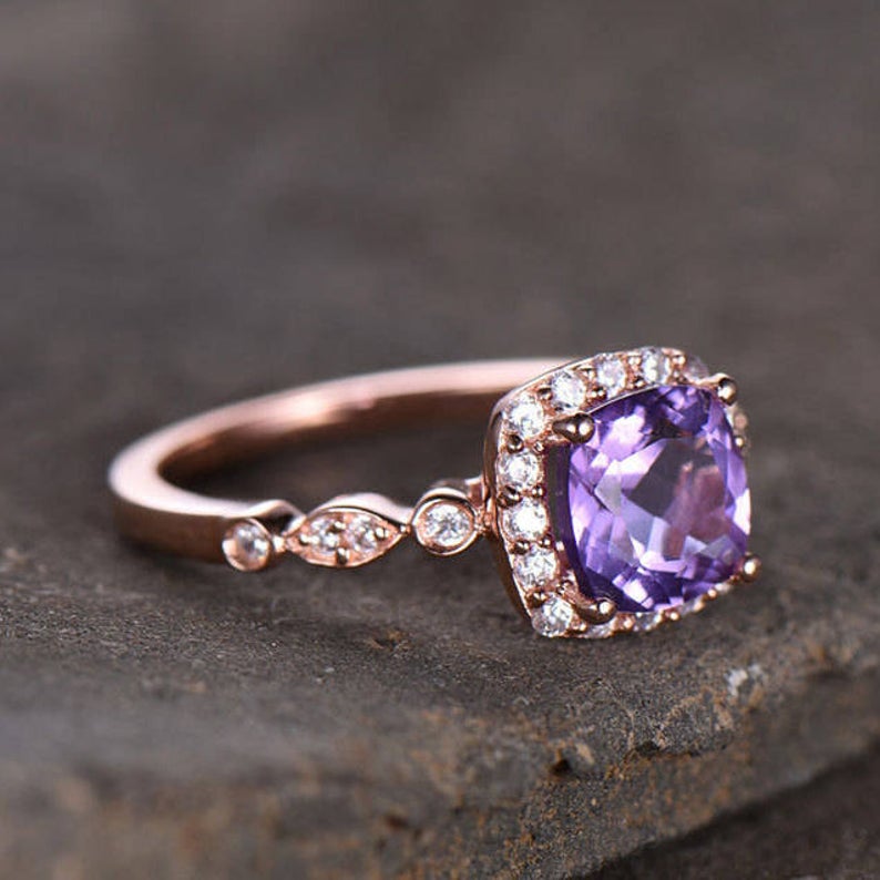 1.75 Ct Cushion Cut Purple Amethyst Rose Gold Over On 925 Sterling Silver Halo Promise Ring