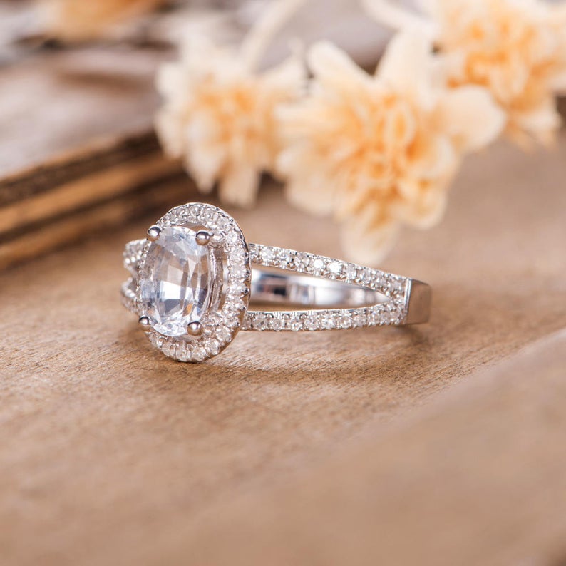 1 CT Oval Cut White Sapphire Diamond 925 Sterling Silver Women Halo Wedding Ring