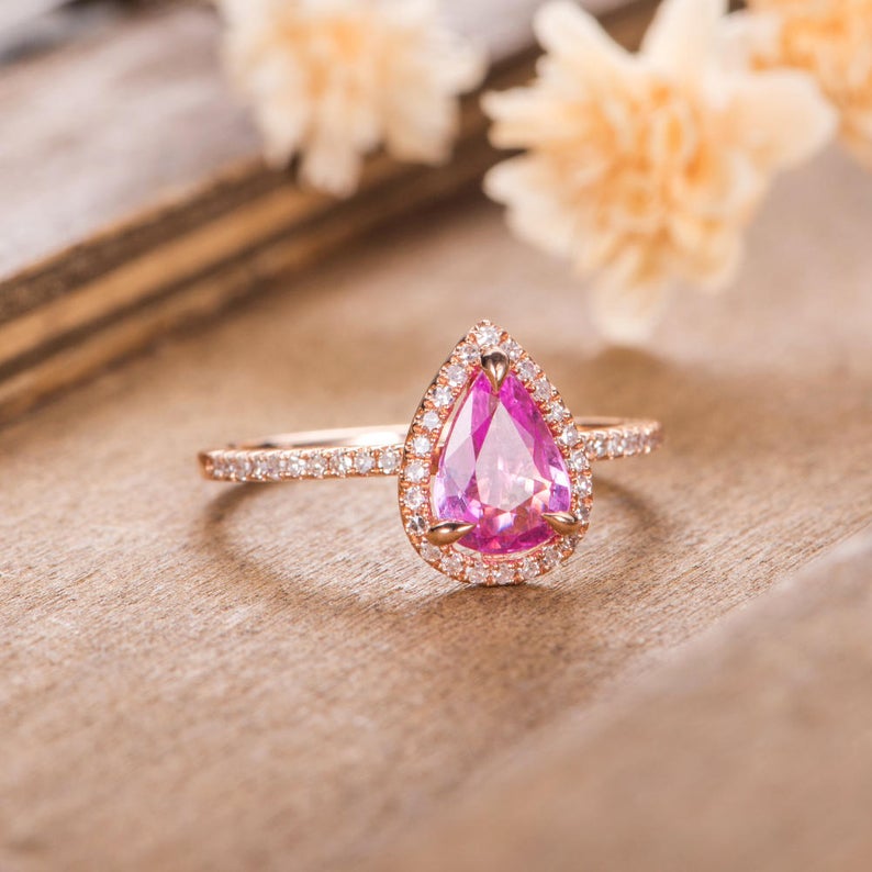 1 CT Pear Cut Pink Sapphire Diamond 925 Sterling Silver Women Halo Anniversary Gift For Her