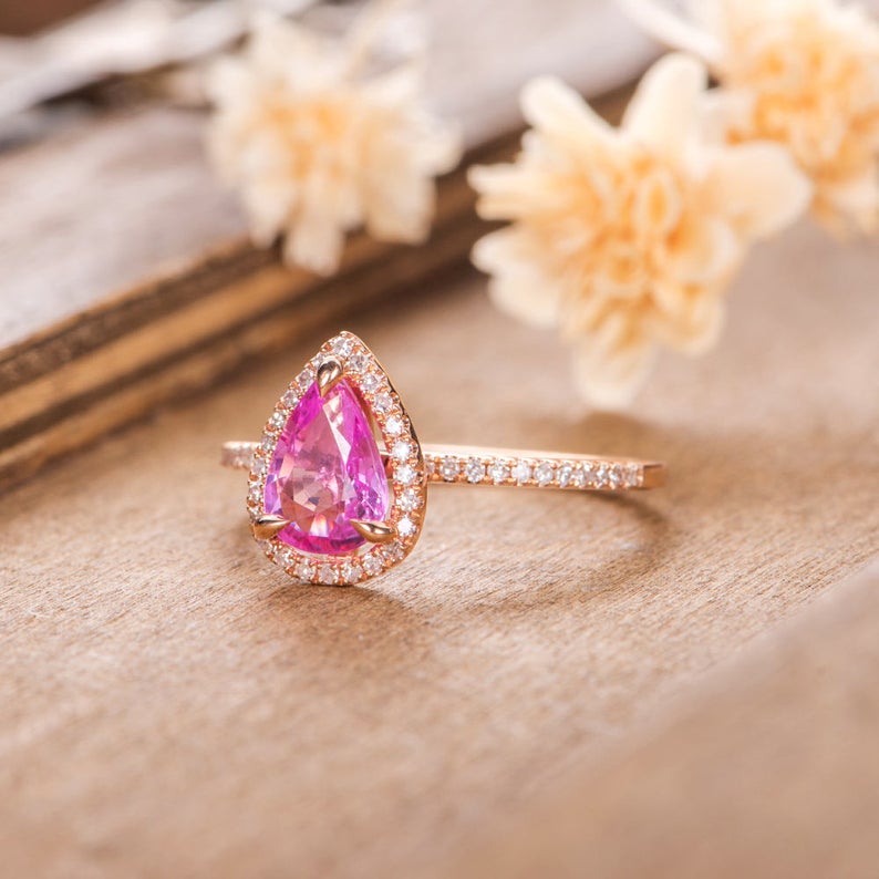 1 CT Pear Cut Pink Sapphire Diamond 925 Sterling Silver Women Halo Anniversary Gift For Her
