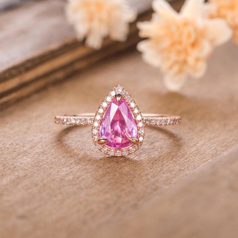 1 CT Pear Cut Pink Sapphire Diamond 925 Sterling Silver Women Halo Anniversary Gift For Her
