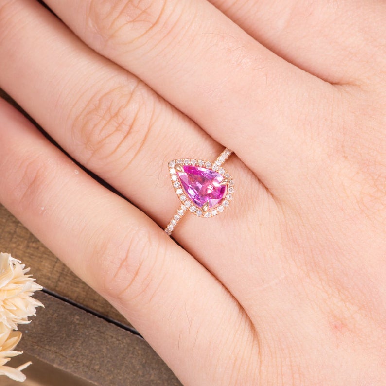 1 CT Pear Cut Pink Sapphire Diamond 925 Sterling Silver Women Halo Anniversary Gift For Her