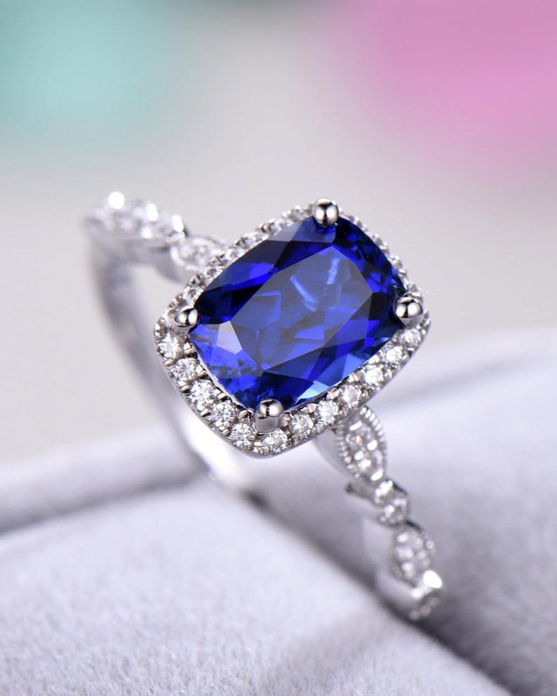 2.20 Ct Cushion Cut Blue Sapphire 925 Sterling Silver Halo Engagement Wedding Ring