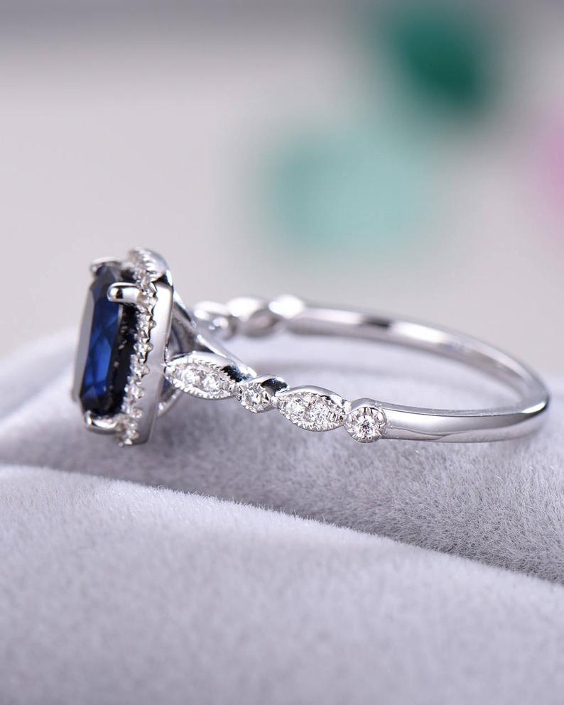 2.20 Ct Cushion Cut Blue Sapphire 925 Sterling Silver Halo Engagement Wedding Ring
