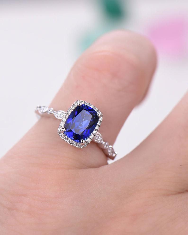 2.20 Ct Cushion Cut Blue Sapphire 925 Sterling Silver Halo Engagement Wedding Ring