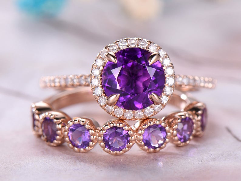 1 CT Round Cut Amethyst Diamond Rose Gold Over On 925 Sterling Silver Wedding Band Bridal Ring Set