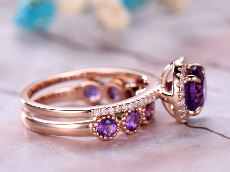 1 CT Round Cut Amethyst Diamond Rose Gold Over On 925 Sterling Silver Wedding Band Bridal Ring Set