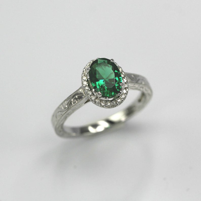 2.0 CT Oval Cut Emerald Diamond 925 Sterling Silver Halo Anniversary Ring