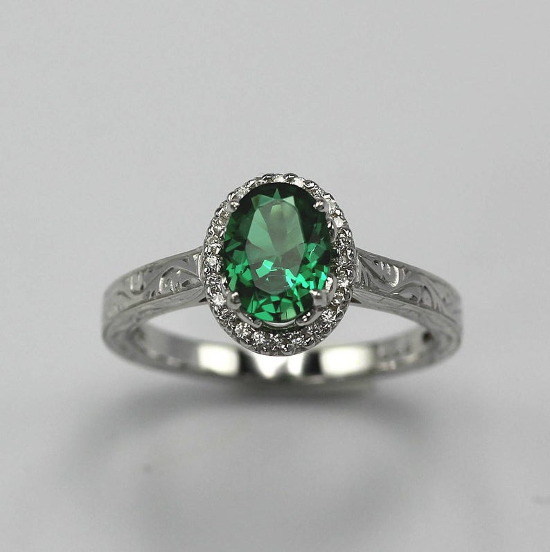 2.0 CT Oval Cut Emerald Diamond 925 Sterling Silver Halo Anniversary Ring