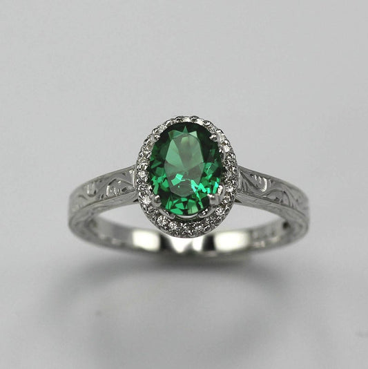 2.0 CT Oval Cut Emerald Diamond 925 Sterling Silver Halo Anniversary Ring