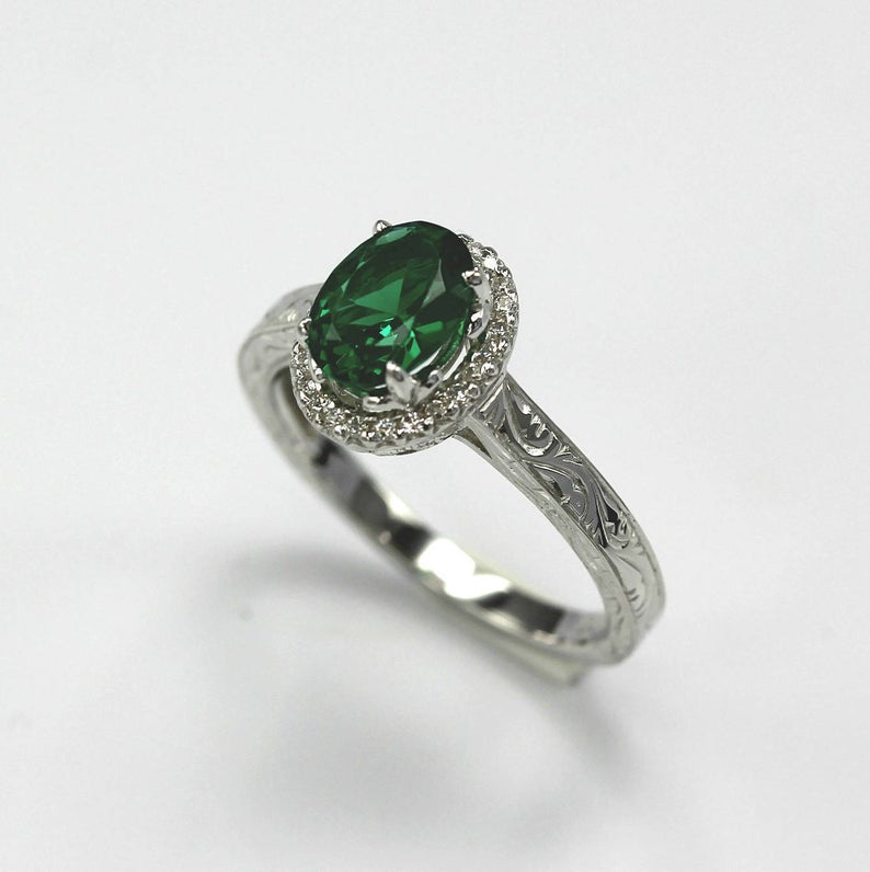 2.0 CT Oval Cut Emerald Diamond 925 Sterling Silver Halo Anniversary Ring