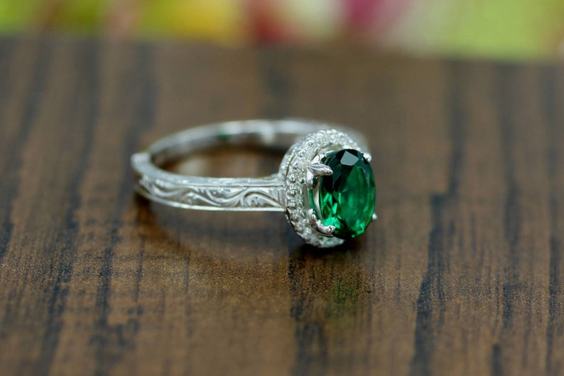 2.0 CT Oval Cut Emerald Diamond 925 Sterling Silver Halo Anniversary Ring