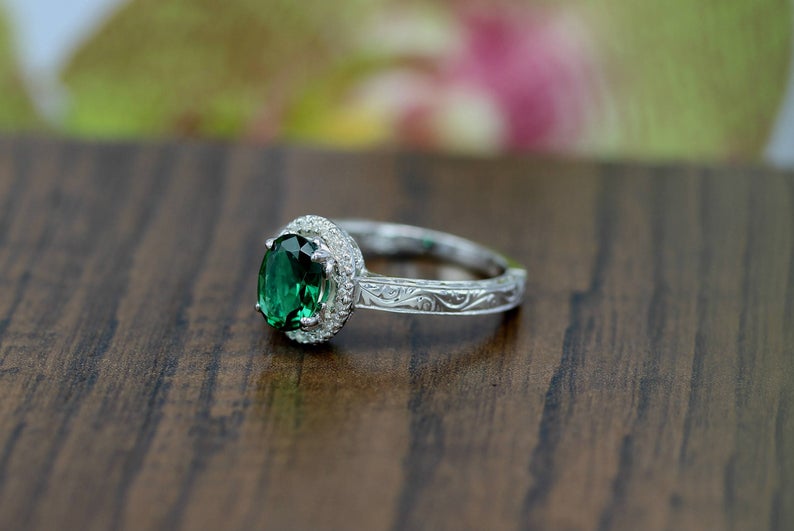 2.0 CT Oval Cut Emerald Diamond 925 Sterling Silver Halo Anniversary Ring