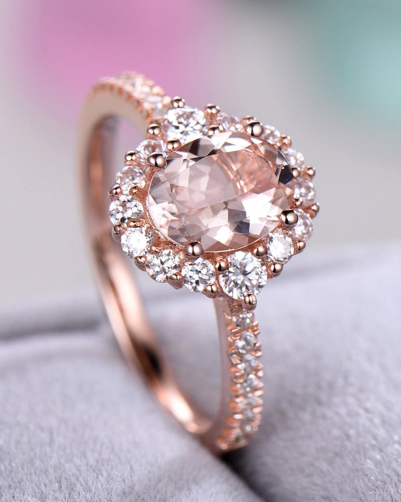 1 CT Oval Cut Morganite Diamond Rose Gold Over On 925 Sterling Silver Women Halo Wedding Ring
