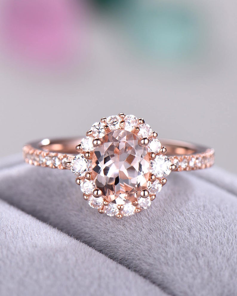 1 CT Oval Cut Morganite Diamond Rose Gold Over On 925 Sterling Silver Women Halo Wedding Ring