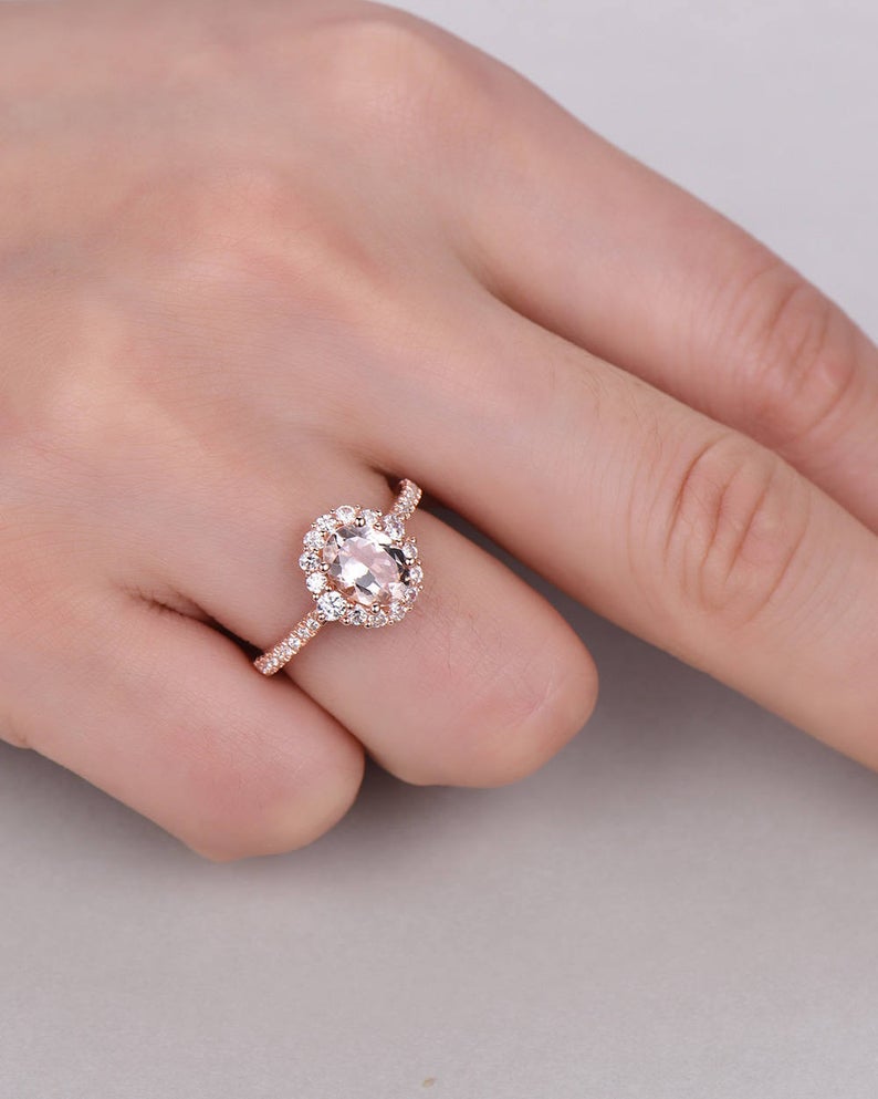 1 CT Oval Cut Morganite Diamond Rose Gold Over On 925 Sterling Silver Women Halo Wedding Ring